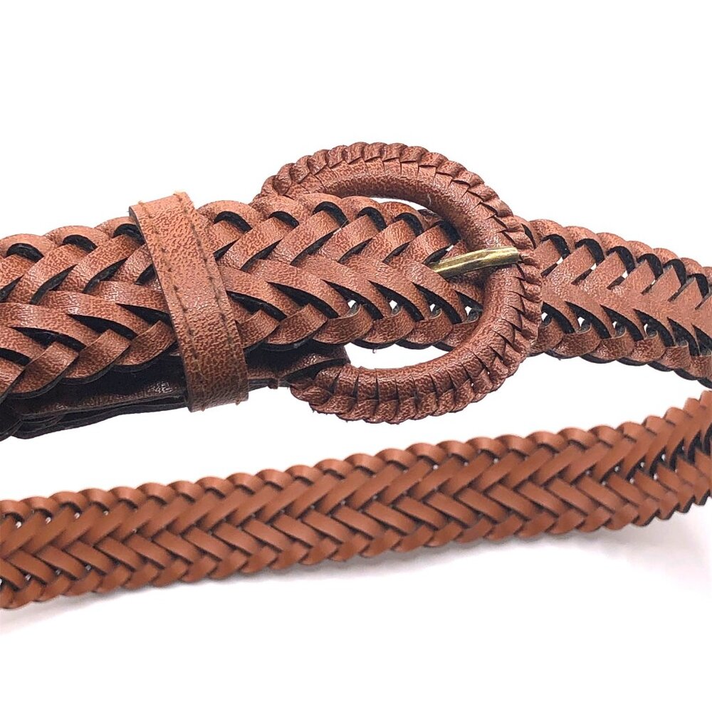 Brown Braided Faux Leather Belt with Woven Round Buckle
